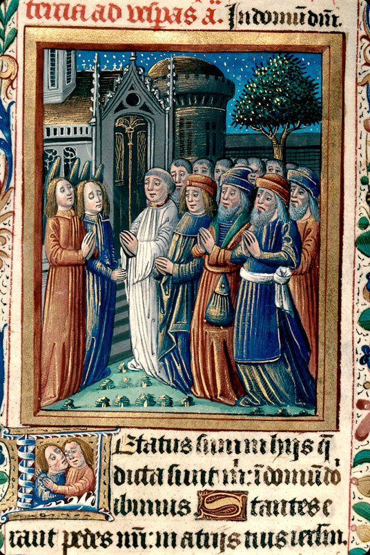 Bréviaire à l'usage de Besançon - Fidèles accueillis par des anges à la porte d'une église (à préciser)