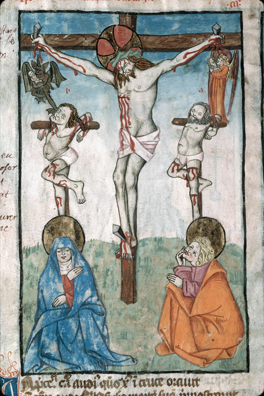 Speculum humanae salvationis - Christ en croix entre Marie et Jean et les larrons