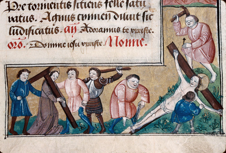 Heures à l'usage d'Amiens - Jésus cloué sur la croix;Jésus dépouillé de ses vêtements;Jésus vêtu d'écarlate rasé par un singe;Portement de croix_2