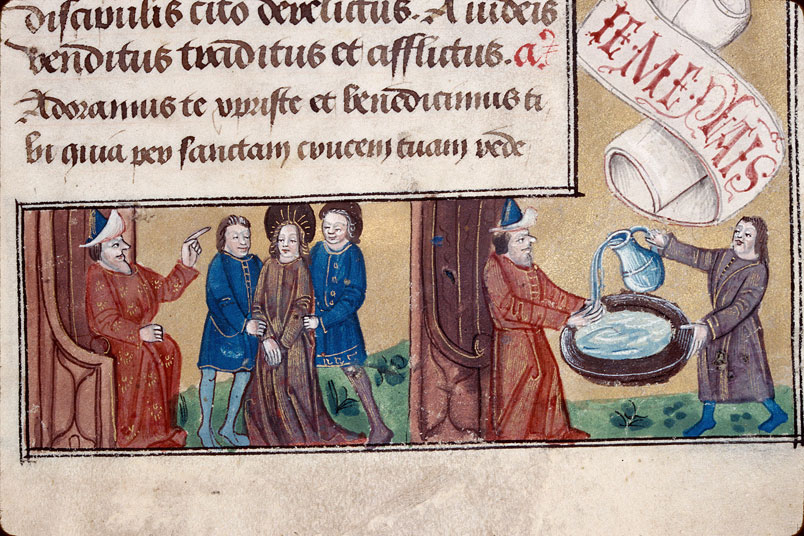 Heures à l'usage d'Amiens - Arrestation du Christ;Jésus devant Pilate;Pilate se lavant les mains_1