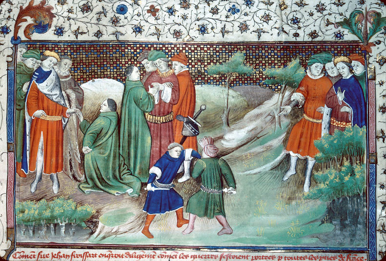 Chroniques - Froissart à la cour de Gaston Phébus;Froissart arrivant auprès de Gaston Phébus;Froissart prenant congé de Gui II, comte de Blois
