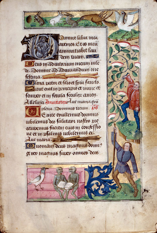 Heures à l'usage d'Amiens - Homme tenant des végétaux;Homme tenant un bâton;Oiseaux attaquant des lapins;Singes lisant (à préciser)_1