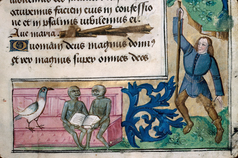 Heures à l'usage d'Amiens - Homme tenant des végétaux;Homme tenant un bâton;Oiseaux attaquant des lapins;Singes lisant (à préciser)