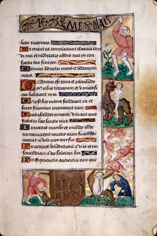 Heures à l'usage d'Amiens - Homme battant un chien;Homme et hybride anthropomorphe;Homme nu chevauchant un hybride zoomorphe;Homme présentant une devise_0