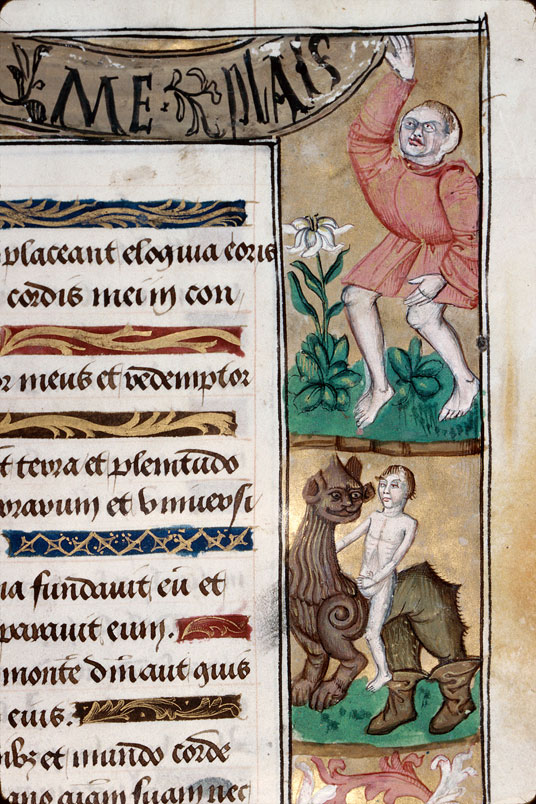 Heures à l'usage d'Amiens - Homme battant un chien;Homme et hybride anthropomorphe;Homme nu chevauchant un hybride zoomorphe;Homme présentant une devise_1