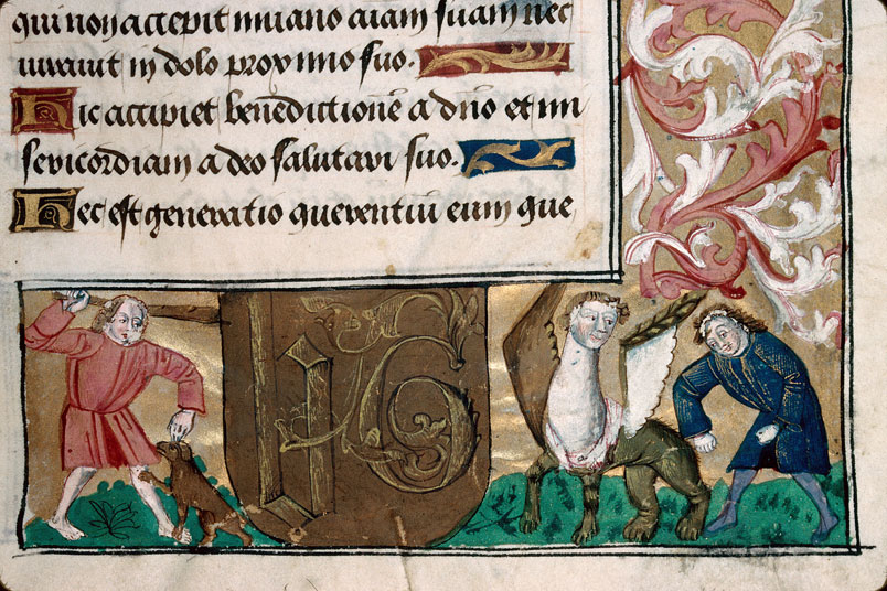 Heures à l'usage d'Amiens - Homme battant un chien;Homme et hybride anthropomorphe;Homme nu chevauchant un hybride zoomorphe;Homme présentant une devise_2