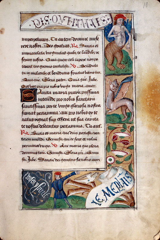 Heures à l'usage d'Amiens - Homme présentant une devise;Hybride anthropomorphe;Hybride zoomorphe;Oiseau sur une branche morte