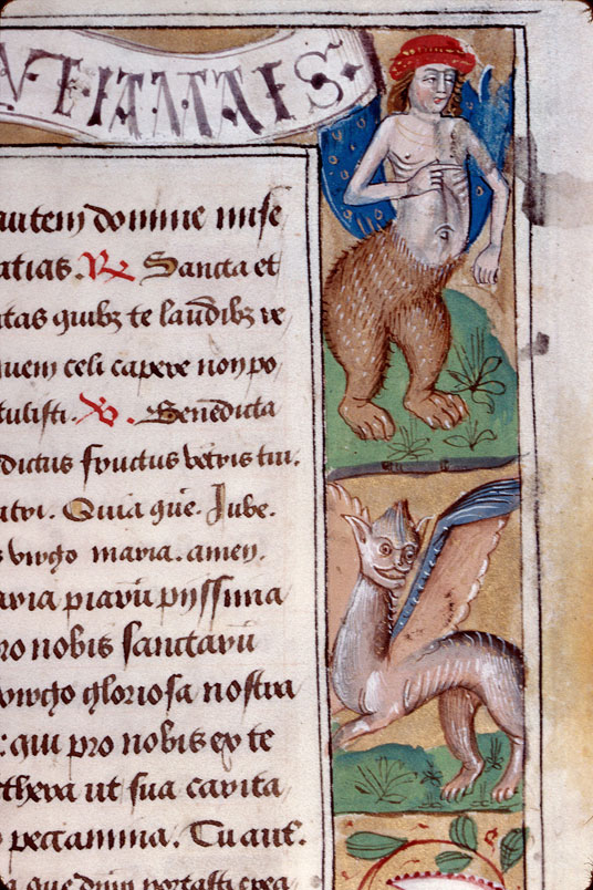 Heures à l'usage d'Amiens - Homme présentant une devise;Hybride anthropomorphe;Hybride zoomorphe;Oiseau sur une branche morte_1