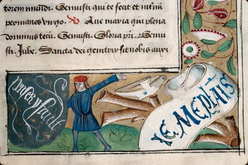 Heures à l'usage d'Amiens - Homme présentant une devise;Hybride anthropomorphe;Hybride zoomorphe;Oiseau sur une branche morte_2