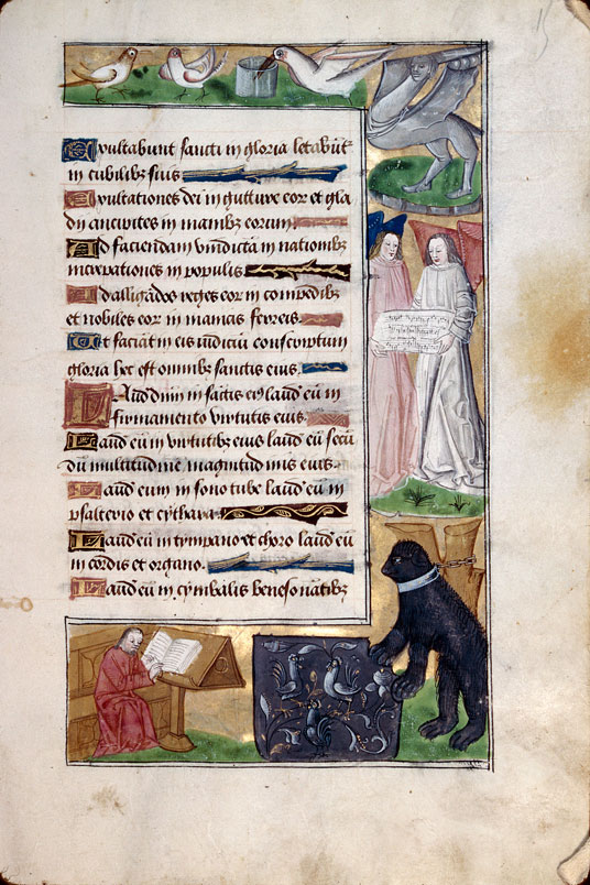 Heures à l'usage d'Amiens - Anges tenant une pièce notée;Homme écrivant;Hybride anthropomorphe;Oiseaux;Ours