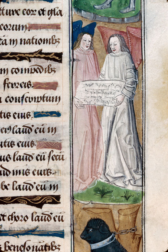 Heures à l'usage d'Amiens - Anges tenant une pièce notée;Homme écrivant;Hybride anthropomorphe;Oiseaux;Ours_2