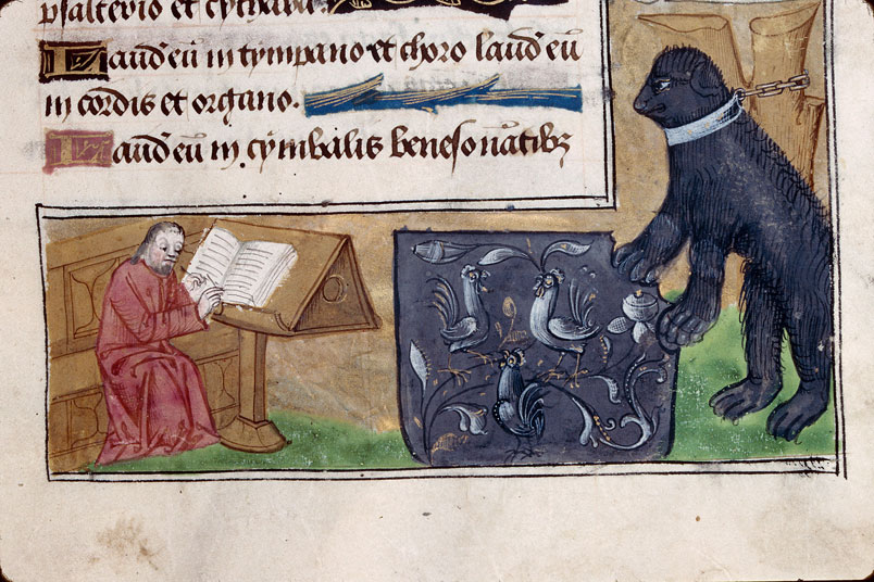 Heures à l'usage d'Amiens - Anges tenant une pièce notée;Homme écrivant;Hybride anthropomorphe;Oiseaux;Ours_3