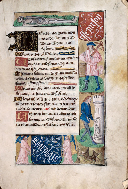 Heures à l'usage d'Amiens - Arbalétrier;Cadavre;Homme et chien dans une tour située sur une grotte avec serpent