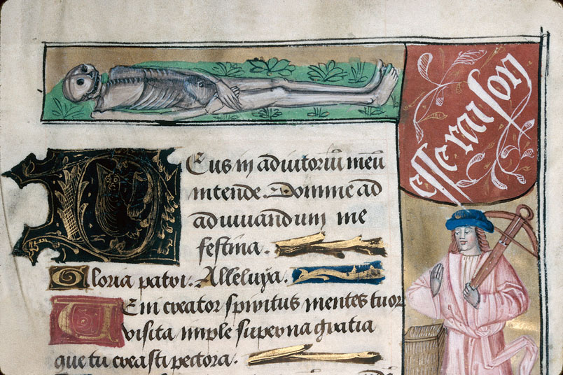 Heures à l'usage d'Amiens - Arbalétrier;Cadavre;Homme et chien dans une tour située sur une grotte avec serpent_1
