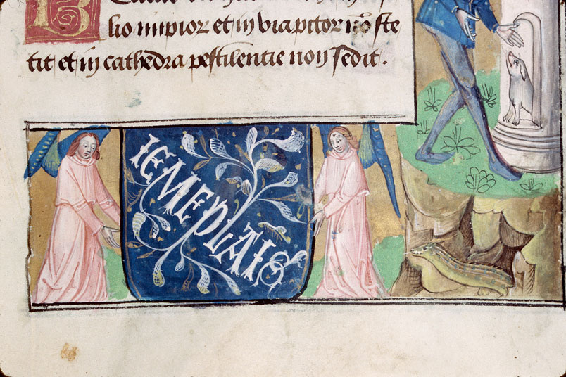 Heures à l'usage d'Amiens - Arbalétrier;Cadavre;Homme et chien dans une tour située sur une grotte avec serpent_3