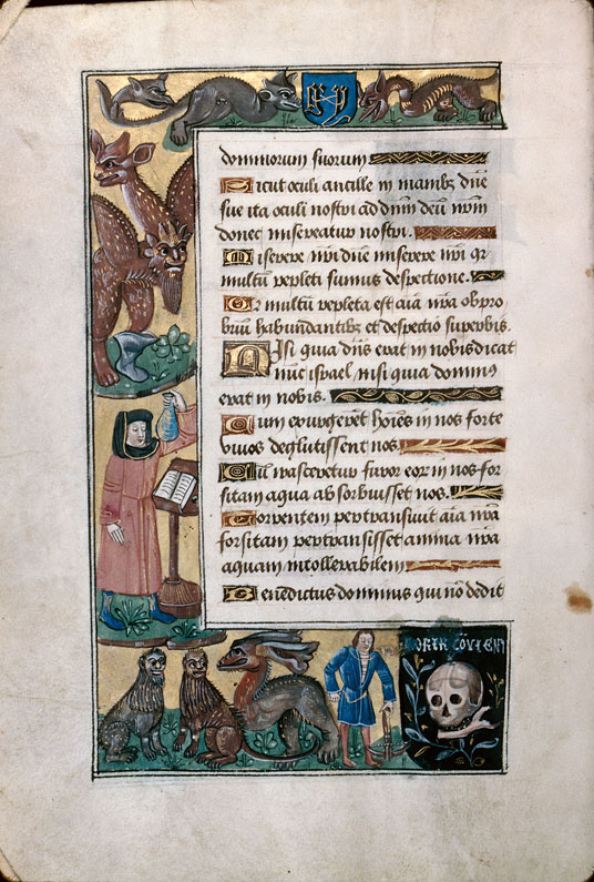 Heures à l'usage d'Amiens - Arbalétrier;Hybrides zoomorphes;Lions;Médecin examinant une fiole d'urine;Tête de mort