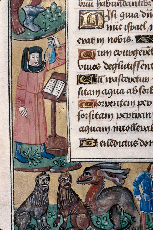 Heures à l'usage d'Amiens - Arbalétrier;Hybrides zoomorphes;Lions;Médecin examinant une fiole d'urine;Tête de mort_1