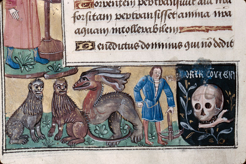 Heures à l'usage d'Amiens - Arbalétrier;Hybrides zoomorphes;Lions;Médecin examinant une fiole d'urine;Tête de mort_2