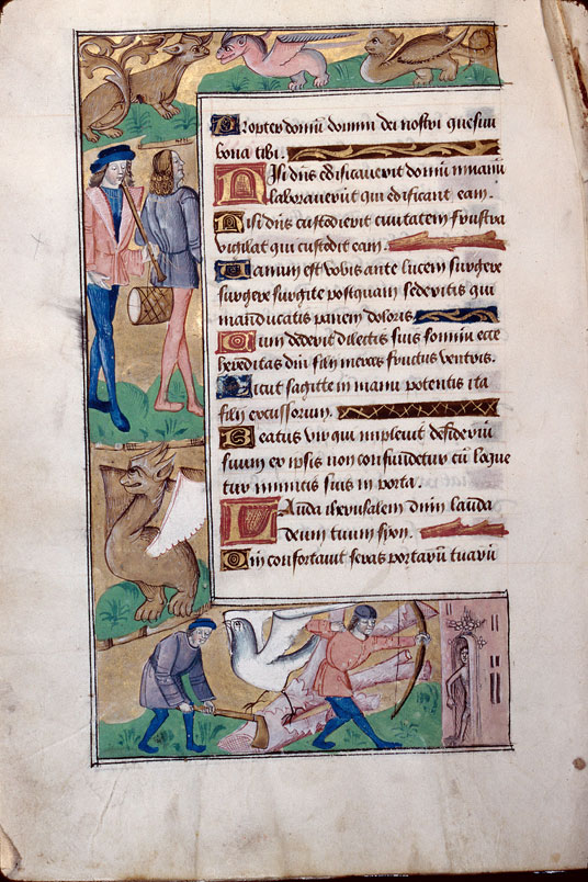 Heures à l'usage d'Amiens - Bûcheron;Homme tirant à l'arc;Hybrides zoomorphes;Musiciens;Oiseau