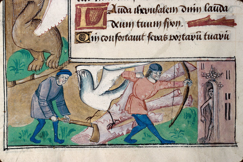 Heures à l'usage d'Amiens - Bûcheron;Homme tirant à l'arc;Hybrides zoomorphes;Musiciens;Oiseau_2
