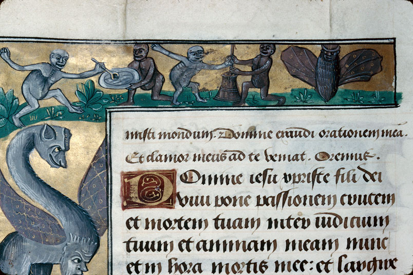 Heures à l'usage d'Amiens - Chauve-souris;Hybride zoomorphe;Singes barattant et mangeant