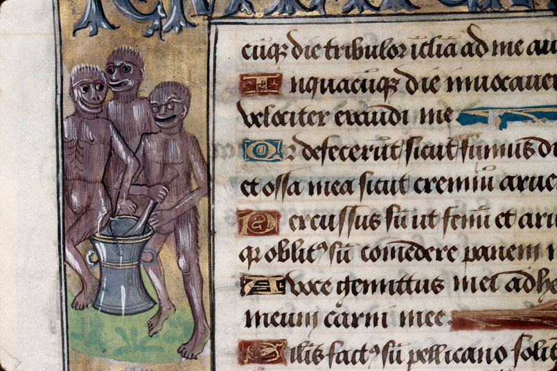 Heures à l'usage d'Amiens - Singes utilisant un mortier