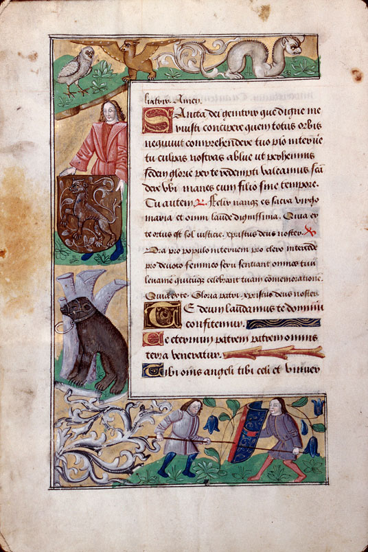 Heures à l'usage d'Amiens - Homme présentant un écu armorié;Hommes combattant;Hybrides zoomorphes;Oiseau;Ours