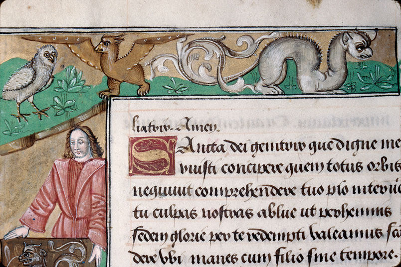 Heures à l'usage d'Amiens - Homme présentant un écu armorié;Hommes combattant;Hybrides zoomorphes;Oiseau;Ours_1