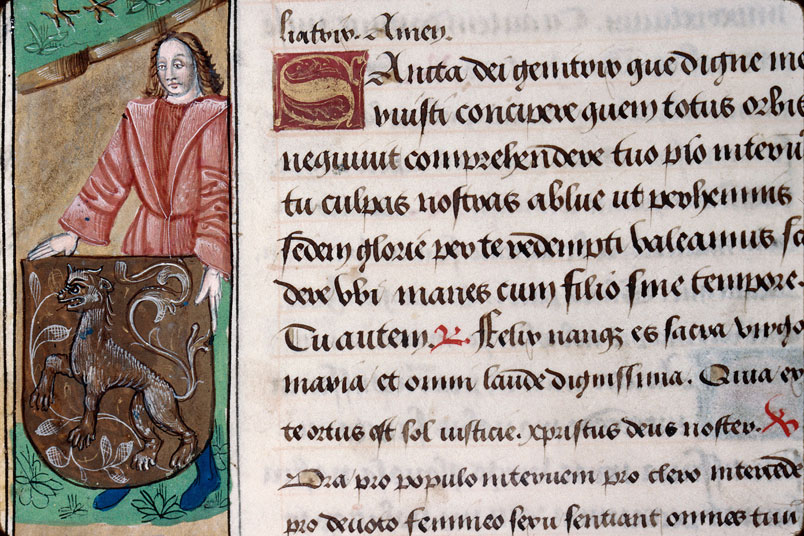 Heures à l'usage d'Amiens - Homme présentant un écu armorié;Hommes combattant;Hybrides zoomorphes;Oiseau;Ours_2