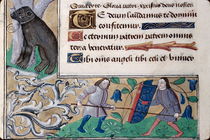Heures à l'usage d'Amiens - Homme présentant un écu armorié;Hommes combattant;Hybrides zoomorphes;Oiseau;Ours_3