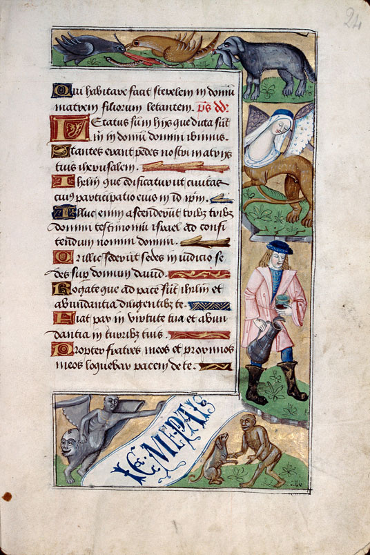 Heures à l'usage d'Amiens - Chien du gibier à plume dans la gueule;Homme tenant un verre et un pichet;Hybrides anthropomorphes;Oiseaux et ver;Singe et chien