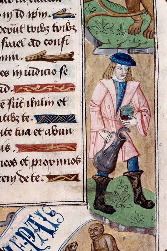Heures à l'usage d'Amiens - Chien du gibier à plume dans la gueule;Homme tenant un verre et un pichet;Hybrides anthropomorphes;Oiseaux et ver;Singe et chien_2