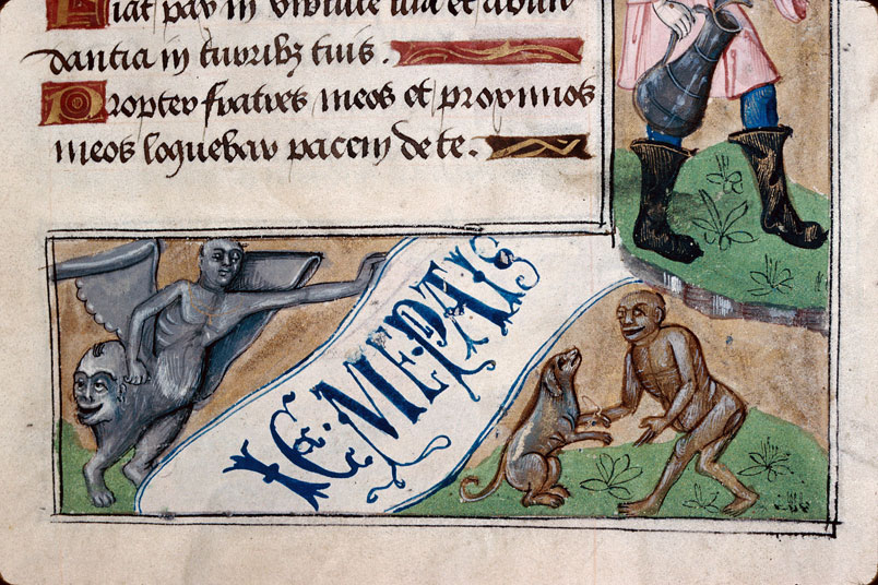 Heures à l'usage d'Amiens - Chien du gibier à plume dans la gueule;Homme tenant un verre et un pichet;Hybrides anthropomorphes;Oiseaux et ver;Singe et chien_3