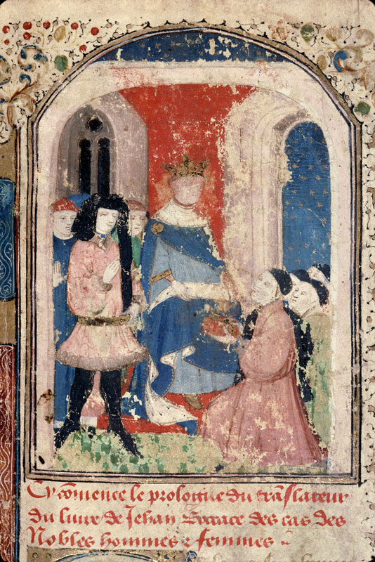 Cas des nobles hommes et femmes (Des) - Laurent de Premierfait remettant son ouvrage au roi de France_1