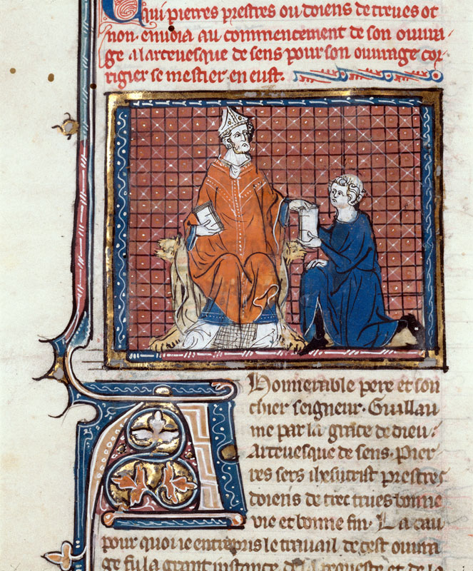 Bible historiale - Pierre le Mangeur remettant son ouvrage à Guillaume aux Blanches Mains