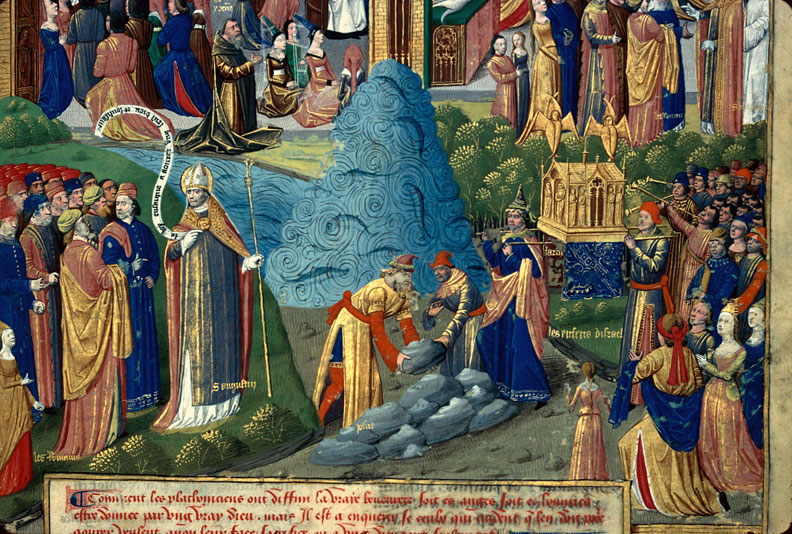 Cité de Dieu - Ramassage de douze pierres pour commémorer le passage du Jourdain/Saint Augustin s'adressant aux Romains/Transport de l'Arche d'alliance au-delà du Jourdain