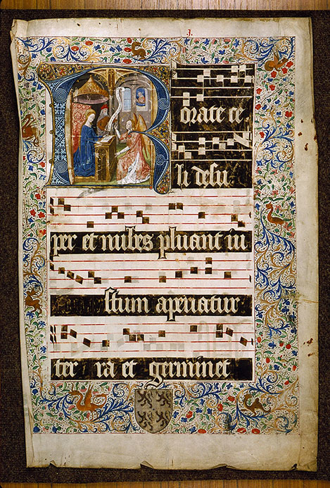 Graduel à l'usage de la cathédrale du Mans - Page décorée, avec armes de Bertrand de Beauvau