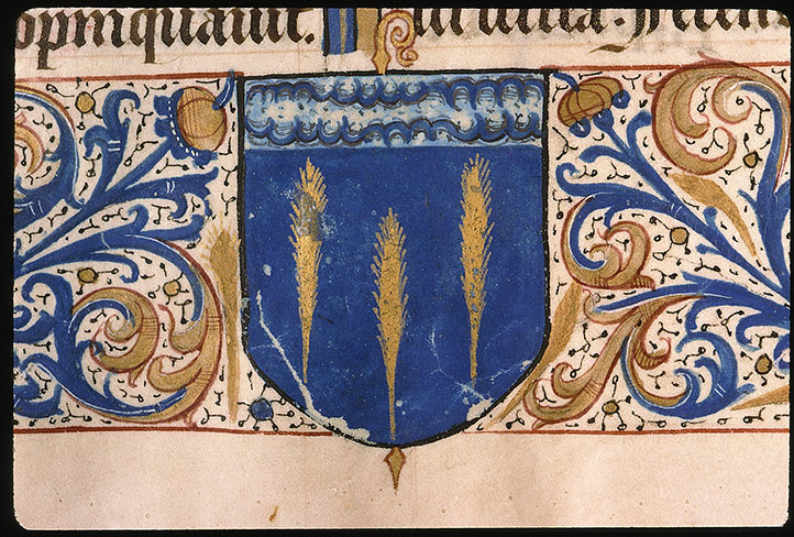 Missel à l'usage de l'abbaye Sainte-Geneviève de Paris - Page décorée, avec armes de Philippe Cousin