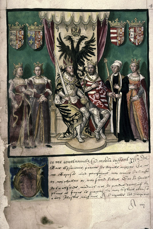 Recueil des antiquités de Valenciennes - Philippe II, au côté de Charles Quint, et ses quatre épouses