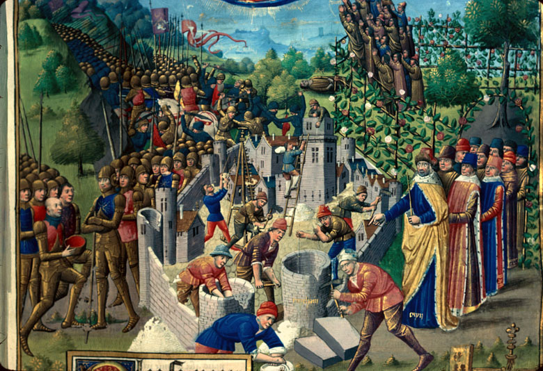 Cité de Dieu - Abel, Seth et Enosh au Paradis céleste/Construction de la ville d'Hénok/Dieu en majesté entouré d'anges