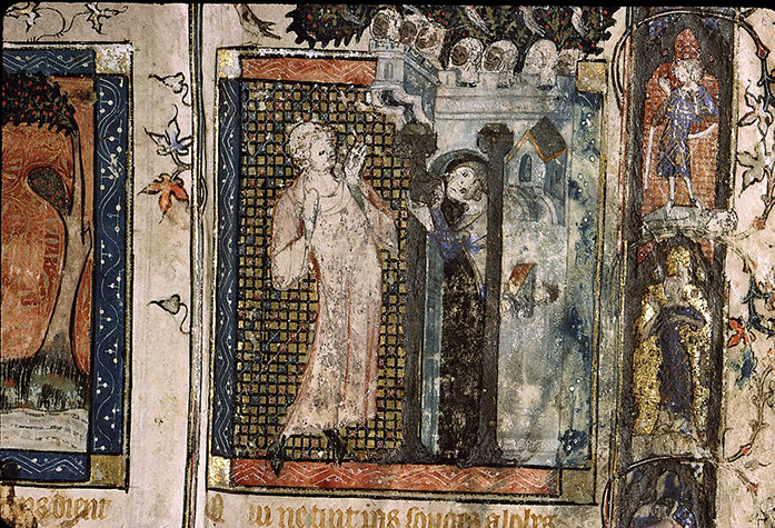 Roman de la Rose - Oiseuse accueillant l'Amant à l'entrée du verger_1