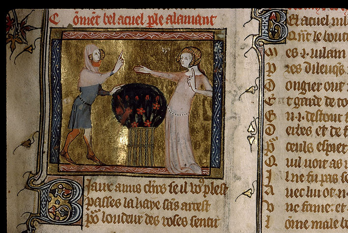 Roman de la Rose - Bel Accueil offrant à l'Amant de traverser la haie de roses