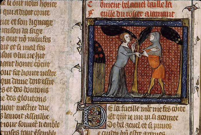 Roman de la Rose - Bel Accueil donnant à l'Amant une feuille du rosier