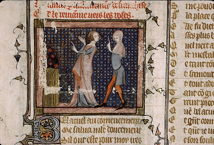 Roman de la Rose - Bel Accueil ramenant l'Amant au rosier