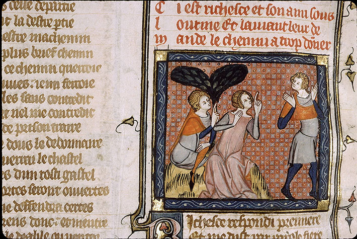 Roman de la Rose - Amant demandant à Richesse le chemin de Trop Donner (L')