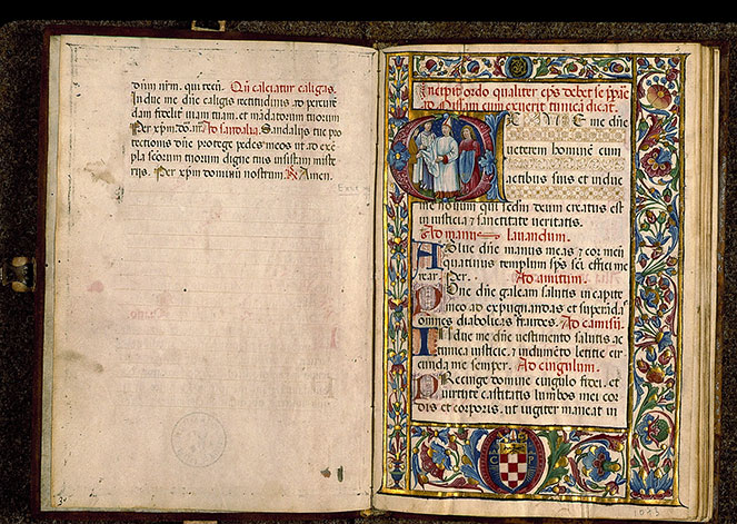 Pontifical romain à l'usage de Lodi (fragment) - Page décorée, avec armes de Carlo Pallavicini_2