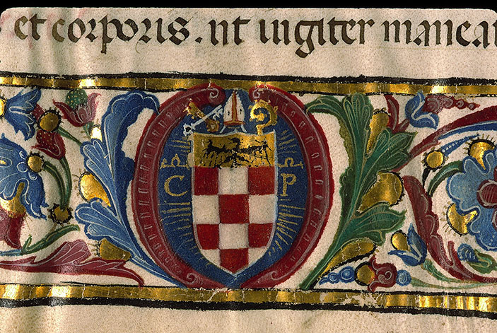 Pontifical romain à l'usage de Lodi (fragment) - Page décorée, avec armes de Carlo Pallavicini_1