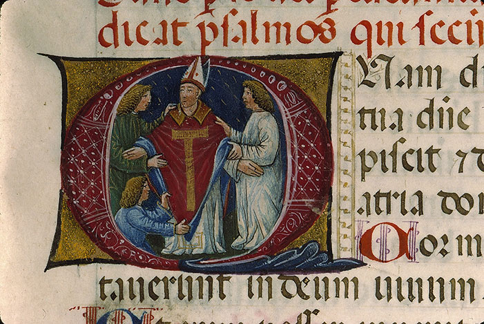 Pontifical romain à l'usage de Lodi (fragment) - Evêque revêtant la chasuble