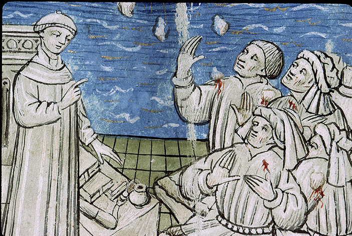 Cas des nobles hommes et femmes (Des) - Boccace s'adressant aux pécheurs, lapidés par un ange_1