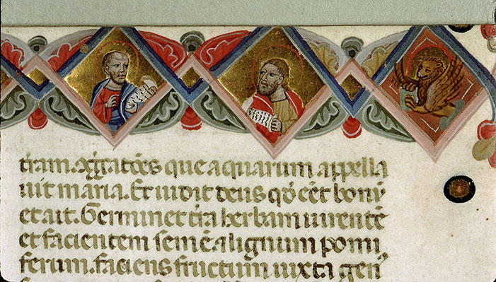 Bible - Création en sept tableaux et Christ en croix entre Marie et Jean/Dieu en majesté, Tétramorphe, évangélistes et apôtres